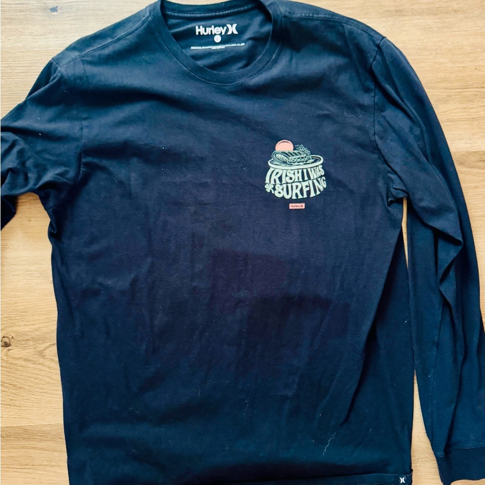 Hurley Black Long-Sleeve Tee with Green & Pink Chest Graphic